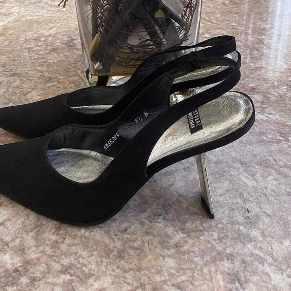 STUART WEITZMAN Black Satin Slingback Rhinestone Heel Pumps shoe stylish